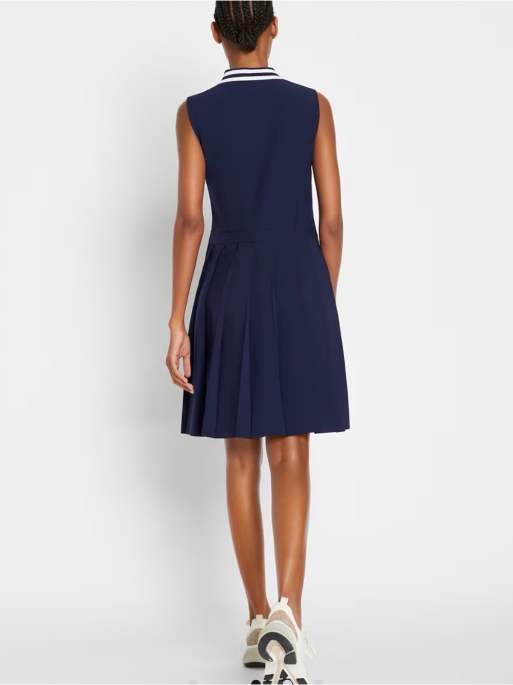 Tory Sport Navy Sleeveless Pleated Polo Zip Dress with White-Striped Collar - Picture 3 of 3